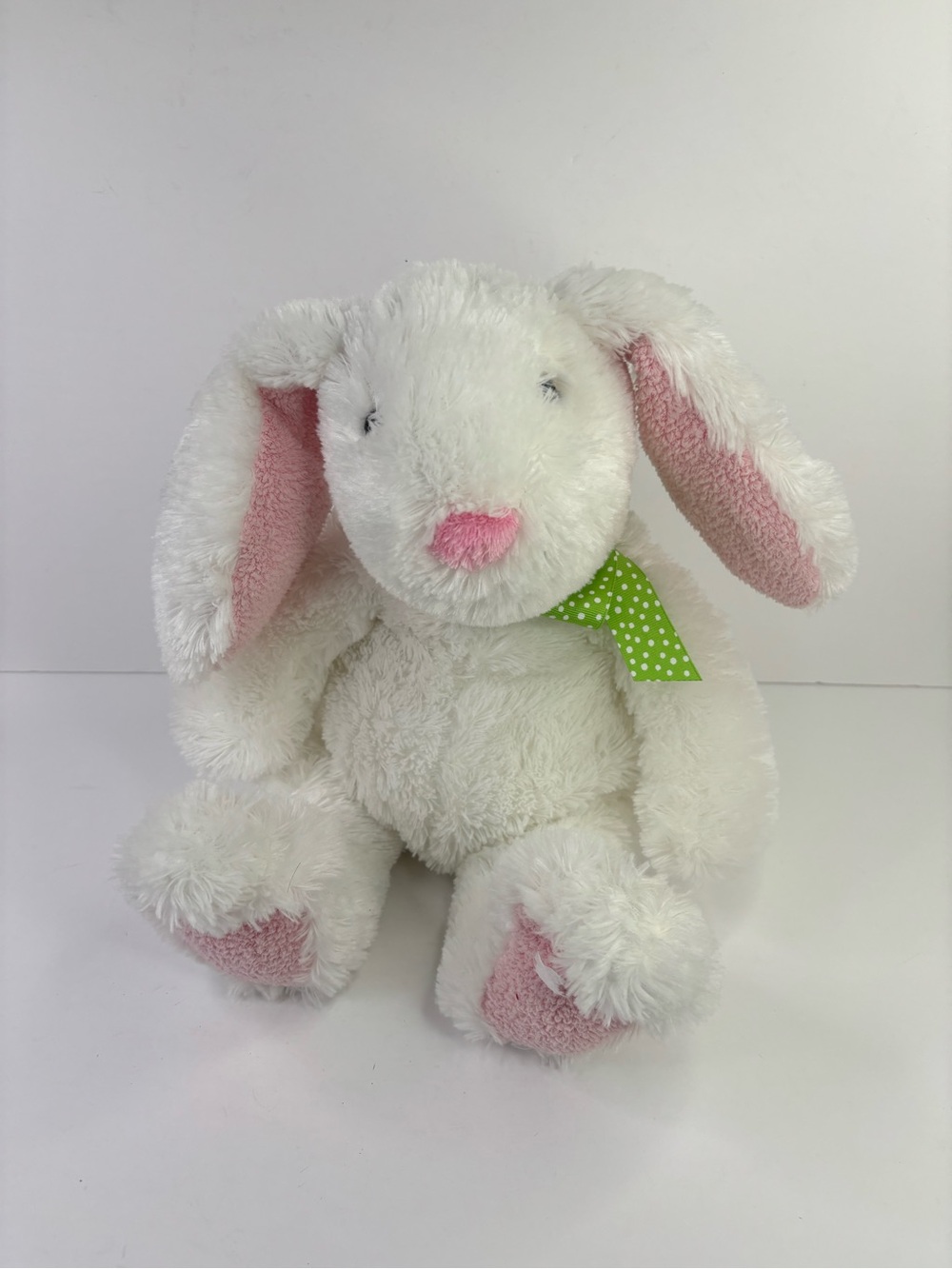 T1 Hallmark Plush White Easter Bunny Pink Ears and Green Polka Dot Bow NWT 16”